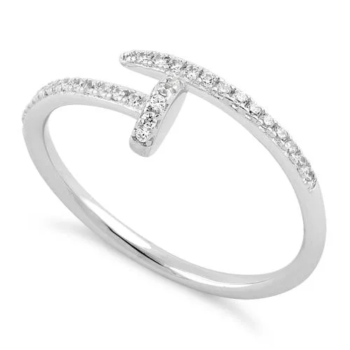 Ladies wedding set with diamonds-Sterling Silver Minimalist Abstract CZ Ring