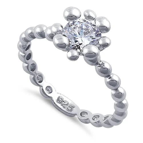 Ladies luxury gold ring-Sterling Silver Beaded Clear Round CZ Ring