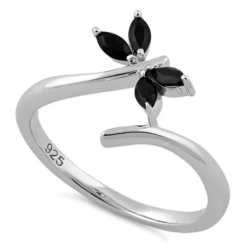 Ladies fashion ring-Sterling Silver Dragonfly Black CZ Ring