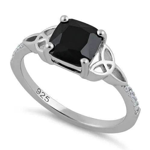 Ladies double halo engagement ring-Sterling Silver Square Black Celtic CZ Ring