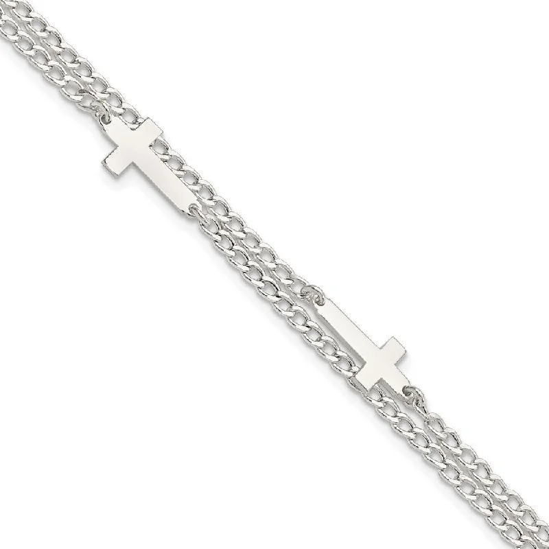 Ladies chunky gold bracelet-925 Sterling Silver Double Cross 2-Strand Bracelet, 8" w/1in Extender