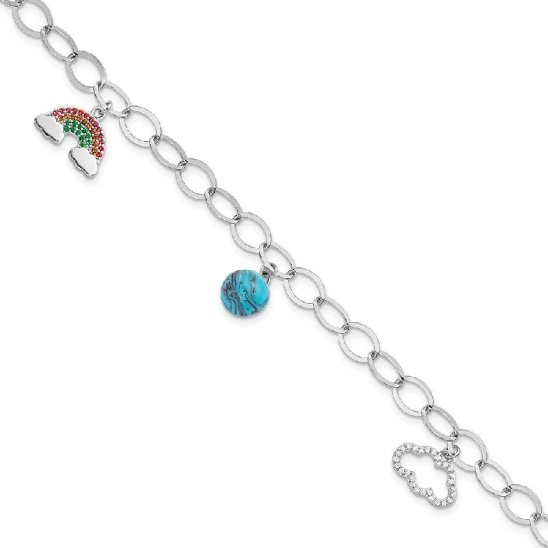 Ladies silver bracelet-925 Sterling Silver 8in Rhodium-plated Multi-color Nano Crystal Turquoise Bracelet, 8" (W-4.9mm)