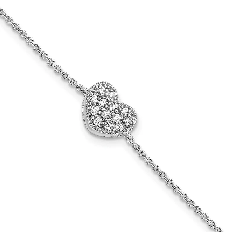 Ladies chic bracelet-925 Sterling Silver Rhodium-plated Cubic Zirconia Heart Bracelet, 6.25" w/1in Extender