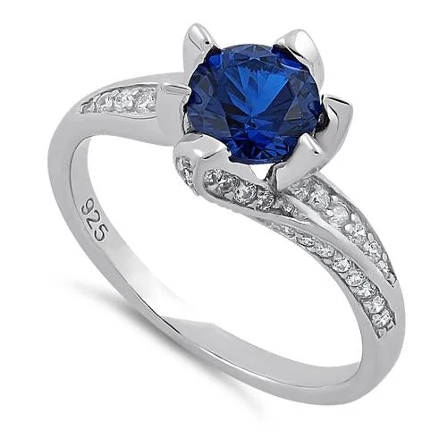 Ladies personalized gold ring-Sterling Silver Round Cut Blue Spinel & Clear CZ Ring