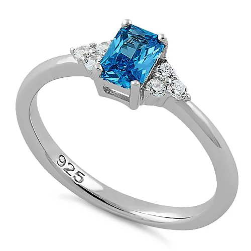 Ladies opal ring-Sterling Silver Precious Emerald Cut Aqua Blue CZ Ring