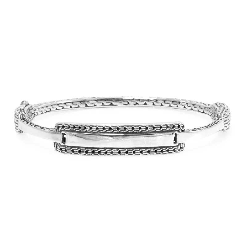 Ladies luxury bracelet-Sterling Silver Chainlink Oval Bangle Bracelet With Push Button Insertion And Retention Hinge™