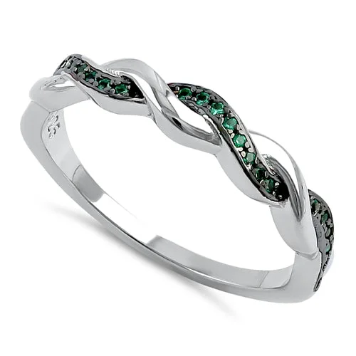 Ladies wedding ring-Sterling Silver and Black Rhodium Plated Braided Green CZ Ring