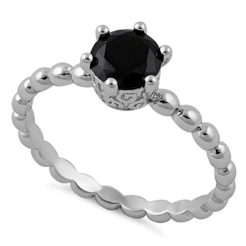 Ladies sapphire wedding band-Sterling Silver Crown Beaded Black CZ Ring