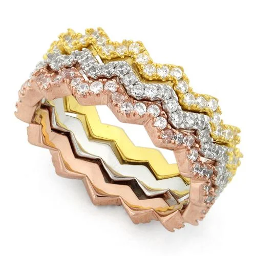 Ladies gold wedding ring-Sterling Silver Tri-Color Zig Zag Stackable CZ Ring