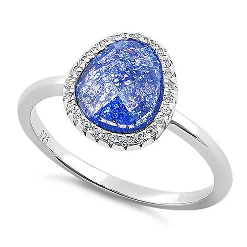 Ladies birthstone ring-Sterling Silver Offset Oval Blue Galaxy CZ Ring