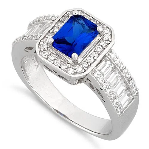 Ladies round diamond ring-Sterling Silver Emerald Cut Blue Sapphire Clear CZ Ring