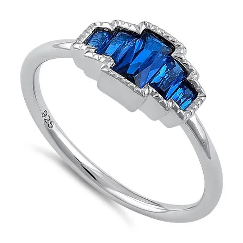 Ladies wedding and engagement ring set-Sterling Silver Five Radiant Cut Blue Spinel CZ Ring