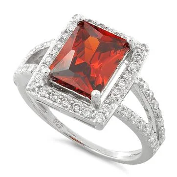 Ladies emerald cut ring-Sterling Silver Garnet Rectangular Halo CZ Ring