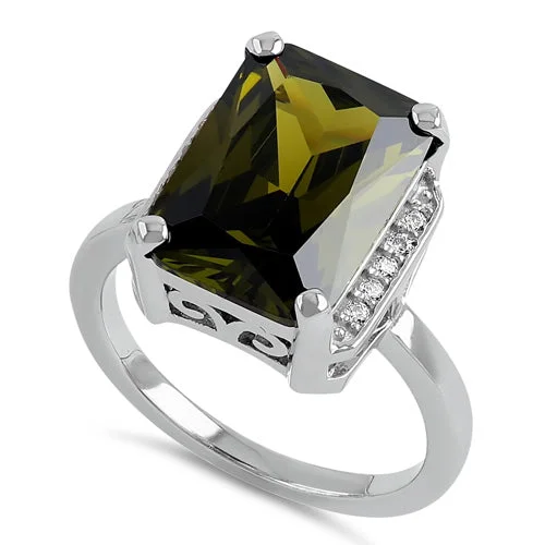 Ladies sapphire wedding band-Sterling Silver Big Peridot Rectangle CZ Ring