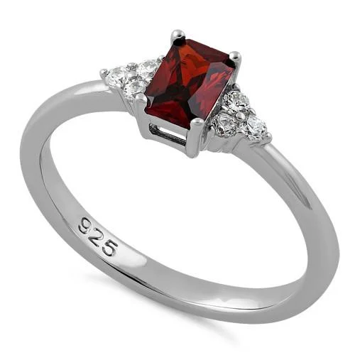 Ladies sapphire ring-Sterling Silver Precious Emerald Cut Dark Garnet CZ Ring