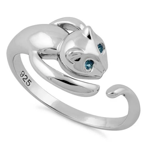 Ladies twist design ring-Sterling Silver Cat Aqua Blue CZ Ring