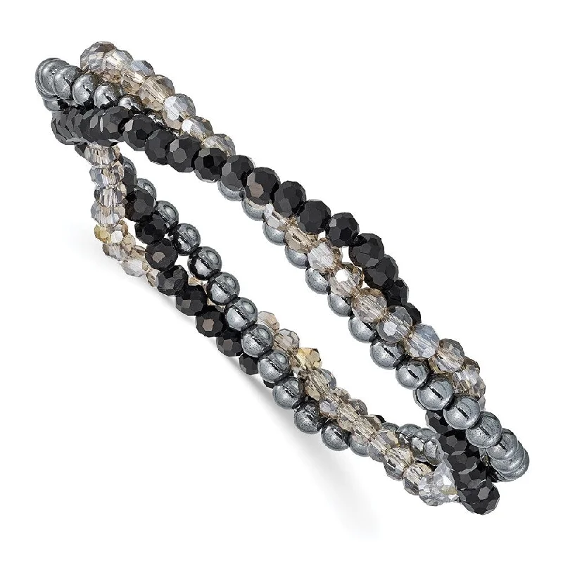 Ladies stackable bracelets-925 Sterling Silver Black and Smoky Crystal, Hematite 3pce Stretch Bracelet