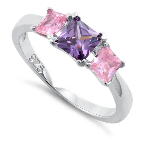 Ladies engagement ring-Sterling Silver Triple Square Amethyst & Pink CZ Ring