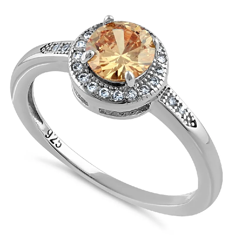 Ladies modern ring-Sterling Silver Elegant Round Halo Champagne CZ Ring