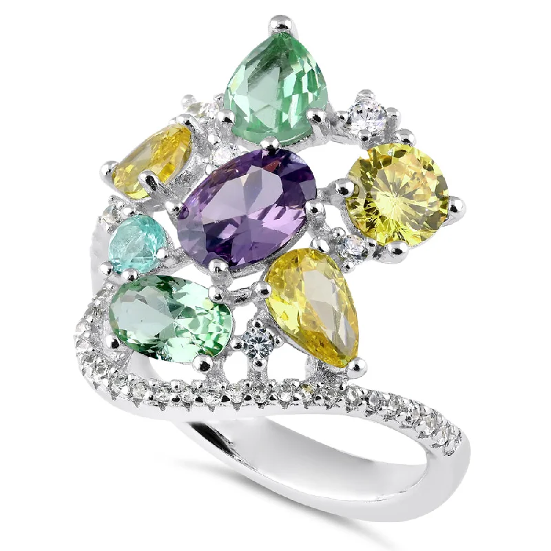 Ladies heart-shaped ring-Sterling Silver Extravagant Colorful CZ Cluster Ring