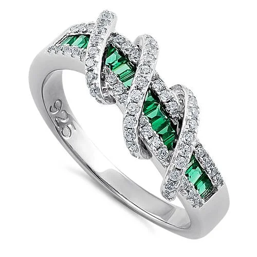 Ladies black diamond ring-Sterling Silver Exotic Twisted Green & Clear CZ Ring