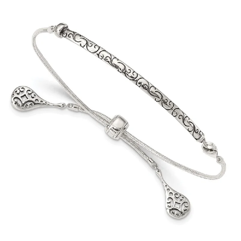 Ladies chunky bracelet-925 Sterling Silver Filigree Drops Adjustable Bracelet, "