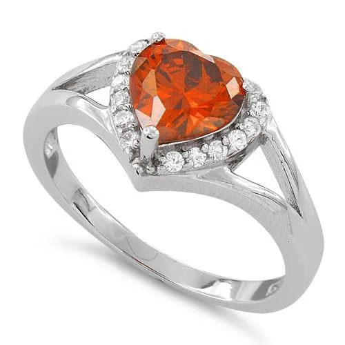 Ladies engagement ring-Sterling Silver Heart Shape Fire Orange CZ Ring