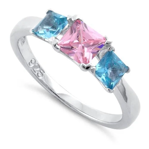 Ladies solitaire ring-Sterling Silver Triple Square Pink & Blue Topaz CZ Ring