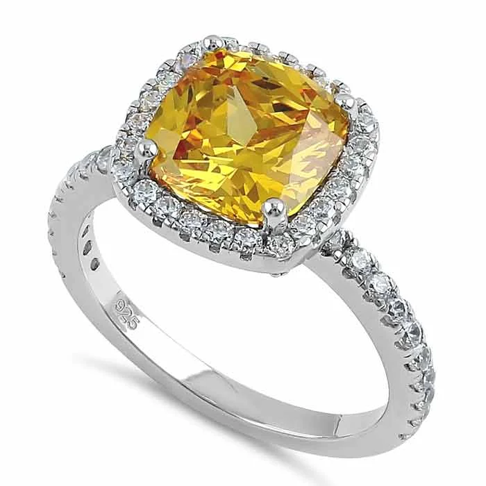 Ladies cushion cut diamond ring-Sterling Silver Cushion Cut Yellow and Clear CZ Ring