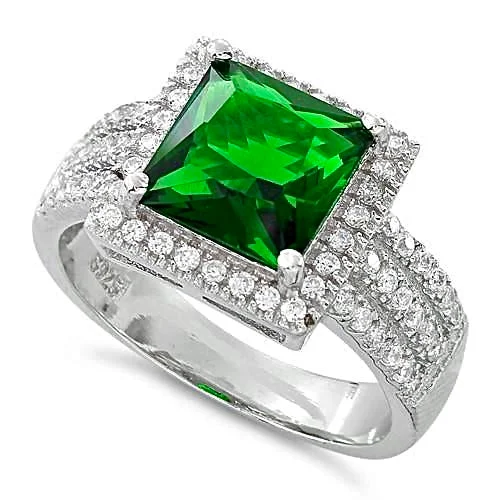 Ladies wedding ring-Sterling Silver Green Princess Cut CZ Halo Ring