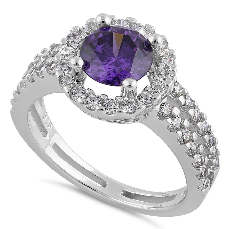 Ladies halo ring-Sterling Silver Round Amethyst Halo CZ Ring