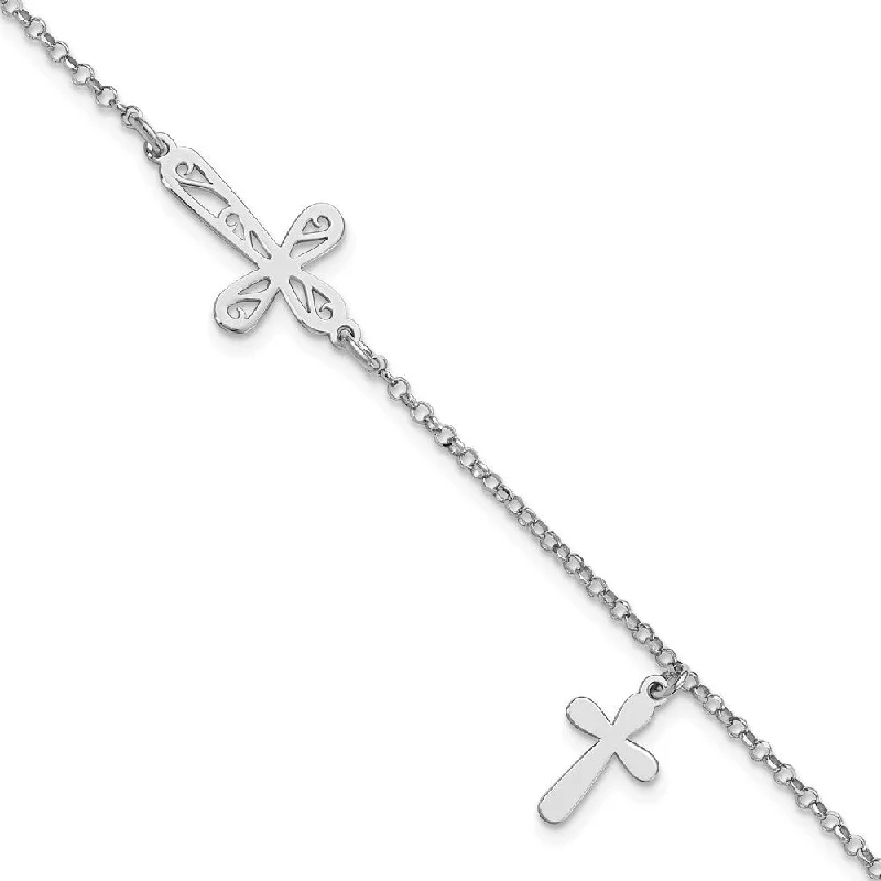 Ladies vintage bangle bracelet-925 Sterling Silver Rhodium-plated 2-Cross Bracelet, 7.5" w/0.5in Extender