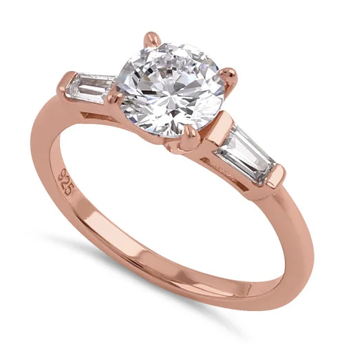 Ladies solitaire ring-Sterling Silver Rose Gold Plated Round and Baguette Cut Clear CZ Ring