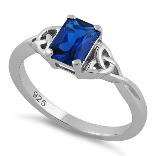 Ladies cushion-cut engagement ring-Sterling Silver Rectangle Blue Spinel Celtic CZ Ring