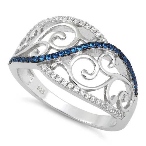 Ladies engraved ring-Sterling Silver Vines Blue Spinel CZ Ring