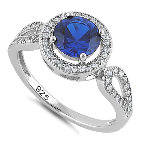 Ladies fashion ring-Sterling Silver Blue Sapphire CZ Halo Infinity Band Ring