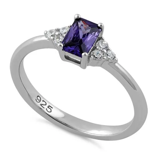 Ladies engraved ring-Sterling Silver Precious Emerald Cut Amethyst CZ Ring