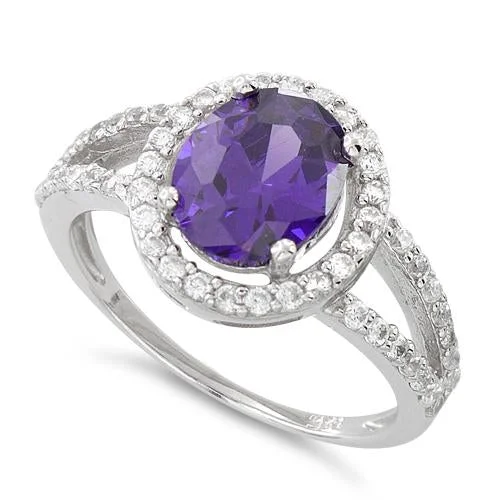 Ladies ruby ring-Sterling Silver Amethyst Oval Halo CZ Ring