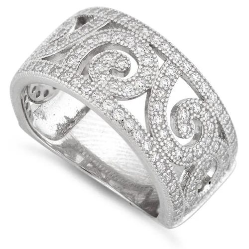 Ladies wedding ring with diamonds-Sterling Silver Swirl Design Pave CZ Ring