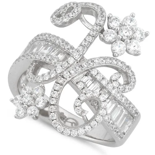 Ladies bridal ring set-Sterling Silver Double Flower Extravagant Pave CZ Ring