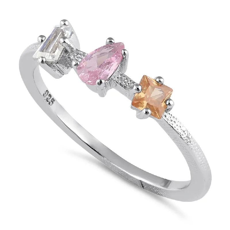 Ladies birthstone ring-Sterling Silver Pink & Champagne CZ Ring