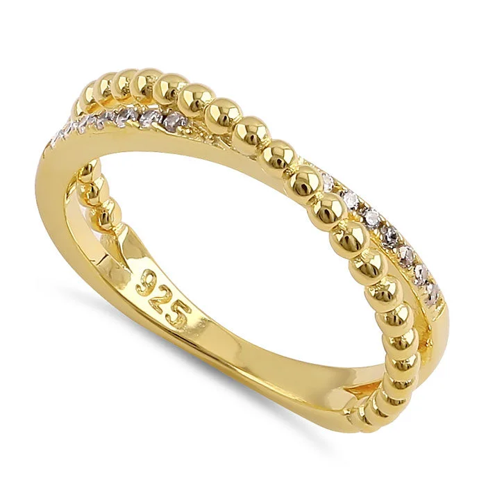 Ladies halo ring-Sterling Silver Gold Plated Overlap Beads Clear CZ Ring