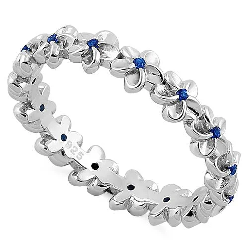 Ladies large diamond ring-Sterling Silver Plumeria Blue Spinel CZ Eternity Band Ring