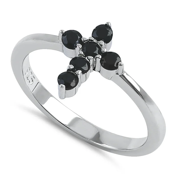 Ladies diamond ring-Sterling Silver Cross Black CZ Ring