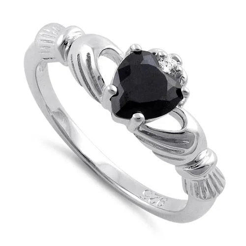 Ladies statement gemstone ring-Sterling Silver Claddagh Black CZ Ring