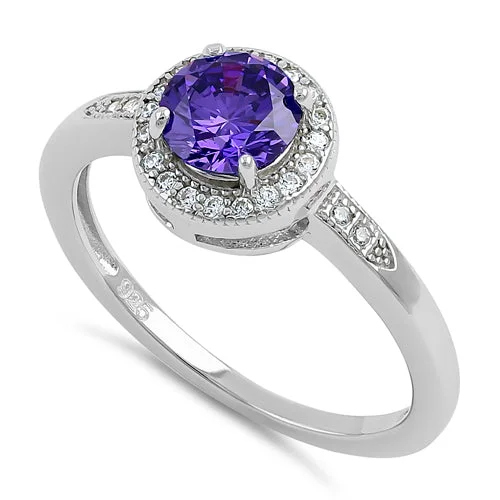 Ladies wedding ring set with diamonds-Sterling Silver Elegant Round Halo Violet CZ Ring