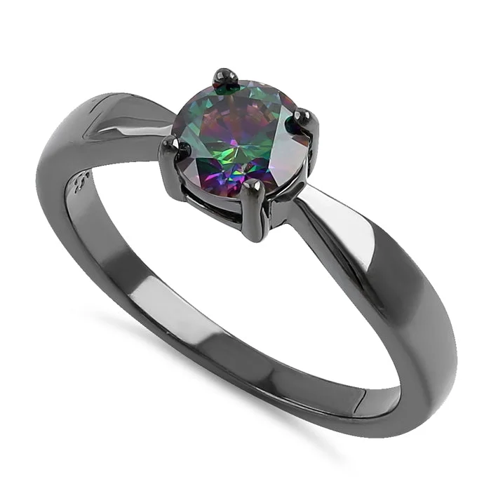 Ladies engagement ring with matching band-Sterling Silver 6mm Round Rainbow CZ Black Rhodium Ring