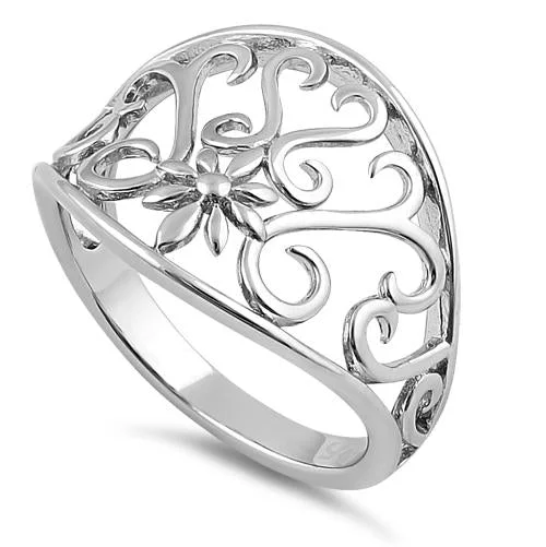 Ladies custom engagement ring-Sterling Silver Flower & Curly Vines Ring