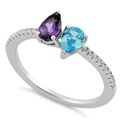 Ladies sterling silver ring-Sterling Silver Double Tear Drop Blue Topaz Amethyst CZ Ring