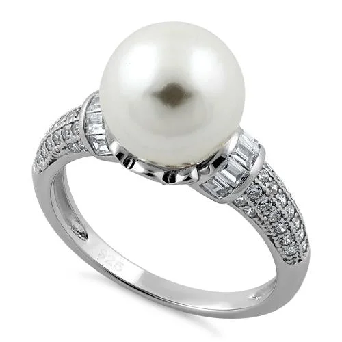 Ladies adjustable gemstone ring-Sterling Silver Queen Crown Synthetic Pearl CZ Ring